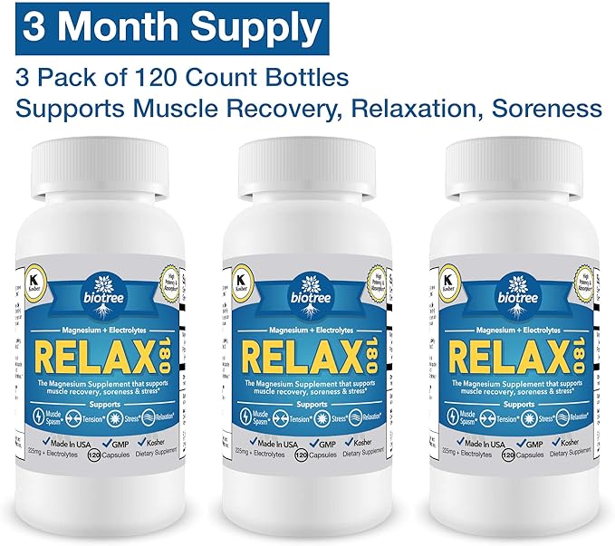 BioTree Labs Relax 180 - Pack of 3 x 120, Magnesium & Potassium Supplement with Electrolytes | 60 Days