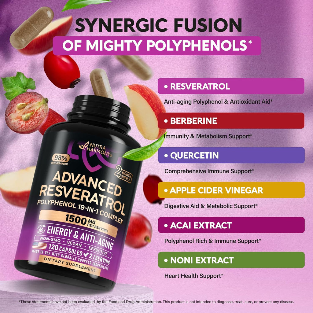 Resveratrol Supplement - 19-in-1 Organic Polyphenol Complex - Noni Extract | Berberine | Quercetin | Apple Cider Vinegar | Acai - Made in USA - Antioxidant & Heart Health Support - 120 Capsules