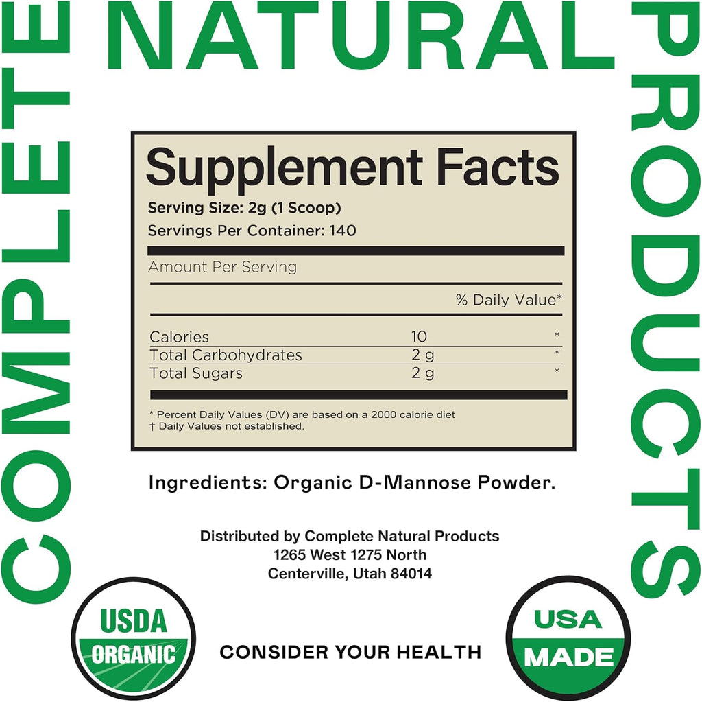 Complete Natural Products Organic D-Mannose Powder - 2000mg (2 Grams) - Non-GMO - Vegan Friendly - Urinary Tract Flush & Treatment - Bladder Cleanse & Urinary Tract Health Supplement