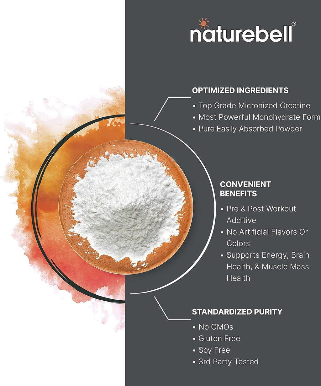 NatureBell Creatine Monohydrate Powder 500g, 5,000mg Per Serving | Micronized, Pure & Unflavored | Pre-Workout Muscle Support | Keto, Vegan, Filler-Free | 100 Servings (1.1 lb)