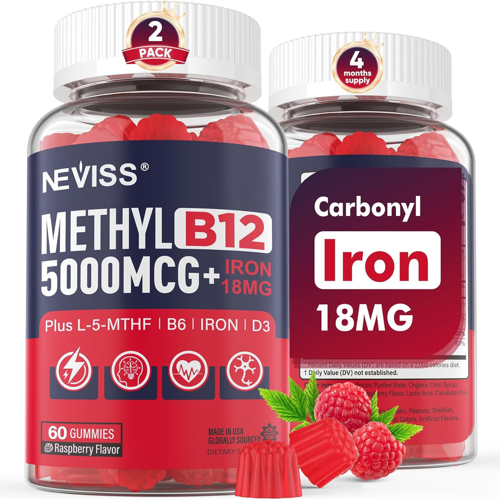 Methyl B12 Vitamins 5000 mcg Gummies + Iron 18 mg for Women Men - Active Methylcobalamin Methylated B12 Vitamin Supplement w/L-MethylFolate, B6 (P5P) & D3 for Energy & Focus Support, 120 Servings