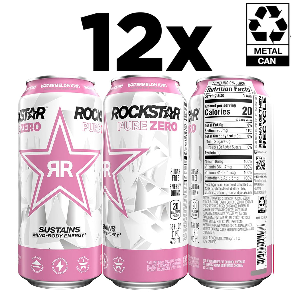 Rockstar Pure Zero Energy Drink,Watermelon Kiwi, 0 Sugar, with Caffeine and Taurine, 16oz Cans (12 Pack) (Packaging May Vary)
