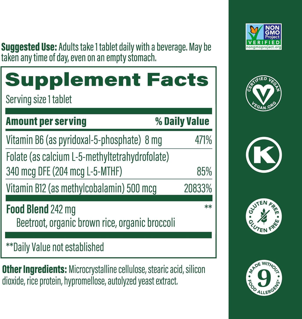 MegaFood Methyl B12 - Vegan - Includes Methyl Folate, Vitamin B12 & B6 - Supports Cellular Energy Production, Nervous System Health & Cardiovascular Function - 90 Tablets