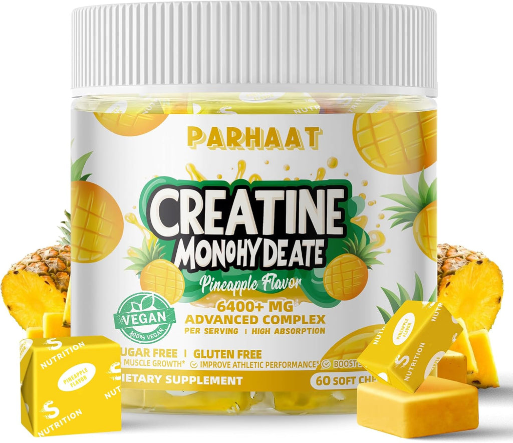 Creatine Monohydrate Chews Complex 6400mg for Men & Women -Advanced Formula W/L-Taurine + Vitamin B12, Sugar Free Chewable Supplement,60 Pineapple Softchews