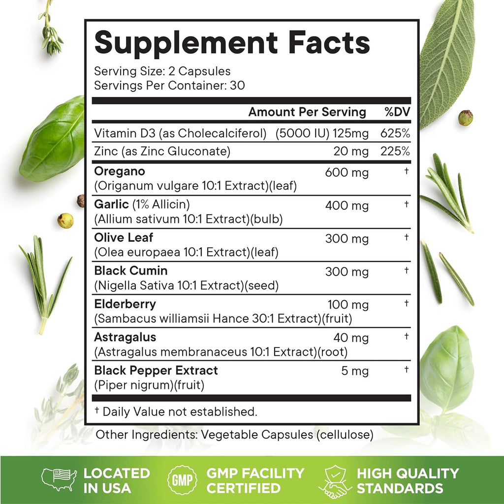 Oregano Oil, Garlic Extract, Olive Leaf, Black Seed Oil, Astragalus-Immune Support & Digestive Health Supplement for Women and Men- 120 Count