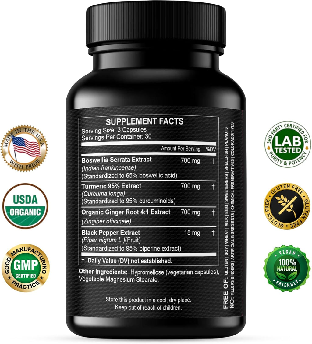 Boswellia Curcumin Ginger Extracts Supplement – Strong 95% Curcuminoids Natural Support Pills for Mobility & Flexibility – Extra Strength Boswelia with Turmeric Curcumin Organic Ginger Supplement