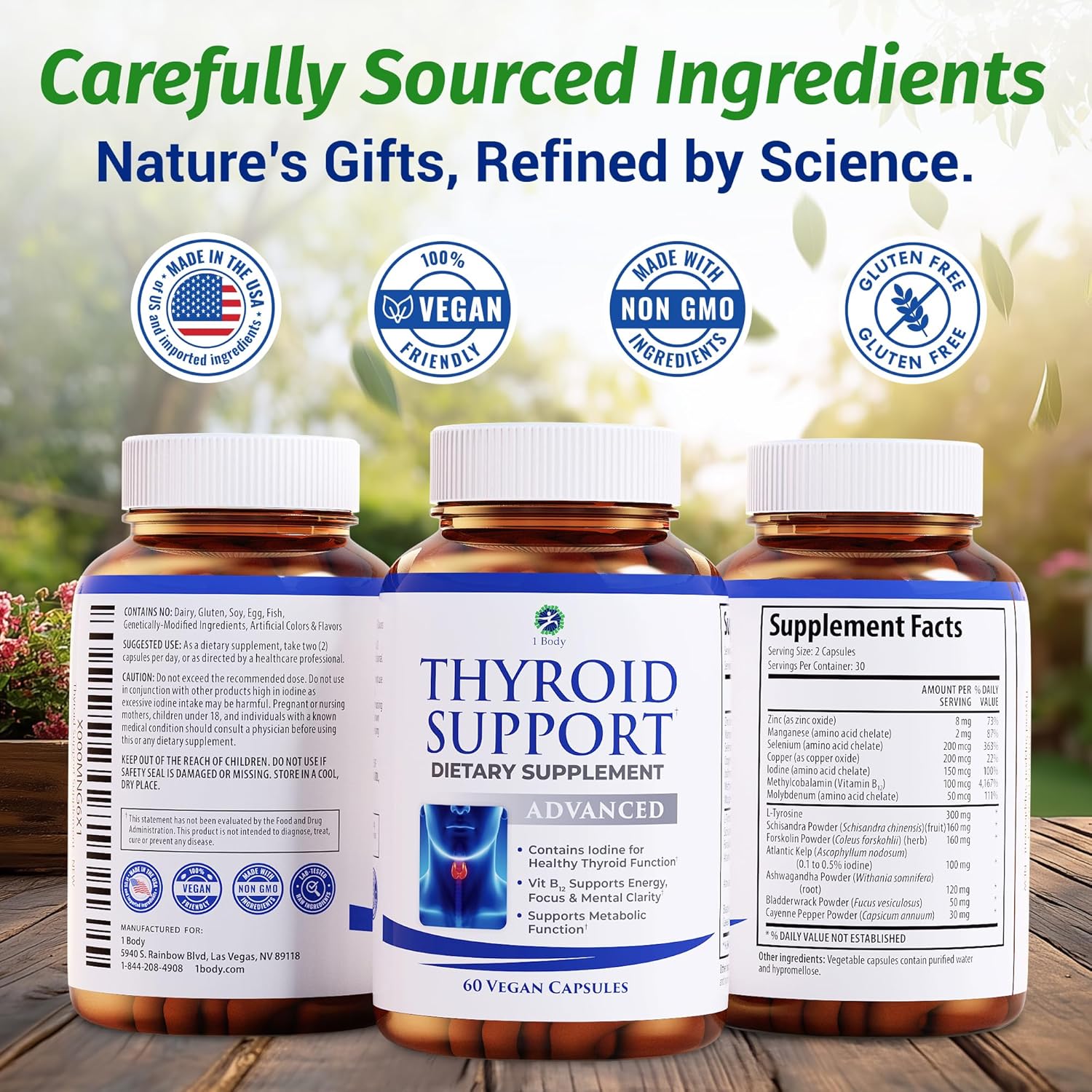 1 Body Thyroid Support Supplement with Iodine, B12, Zinc, Selenium, Ashwagandha, Non-GMO, Vegetarian, 30 Day Supply