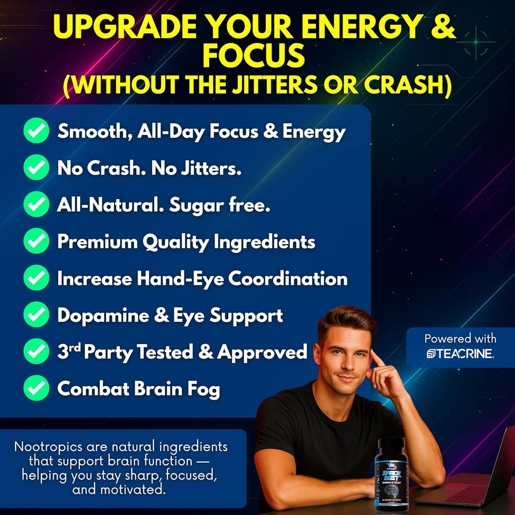 Space Dust Brain Supplement – Focus, Energy & Mood Support – 8-in-1 Nootropic for Brain Fog & Reaction Time – with TeaCrine, L-Theanine, L-Tyrosine, Mucuna – Gamer & Professional Formula