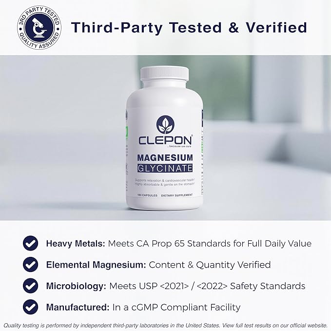 Magnesium Glycinate (100mg Elemental per Capsule) - 180 Capsules - High Absorption, Fully Chelated - Sleep Support, Relaxation, Muscle Cramps & Heart Health - 3rd Party Tested, Non-GMO, Vegan