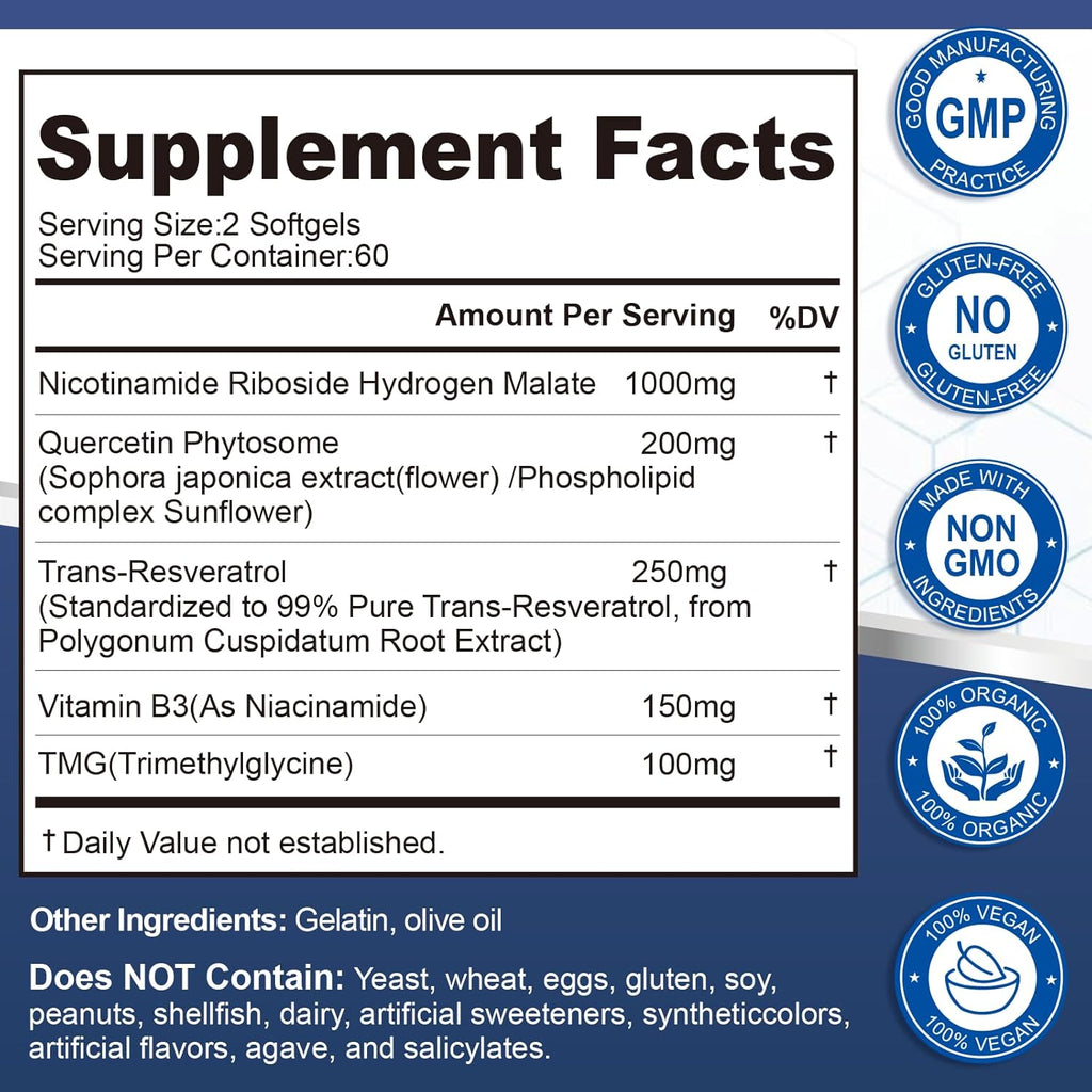 NAD Supplement Softgels 1700mg, Nad Supplements for Women & Men with Nicotinamide Riboside Quercetin Phytosome, Trans Resveratrol & TMG, Boost NAD Energy Anti-Aging Support 360-Count, 180 Days Supply