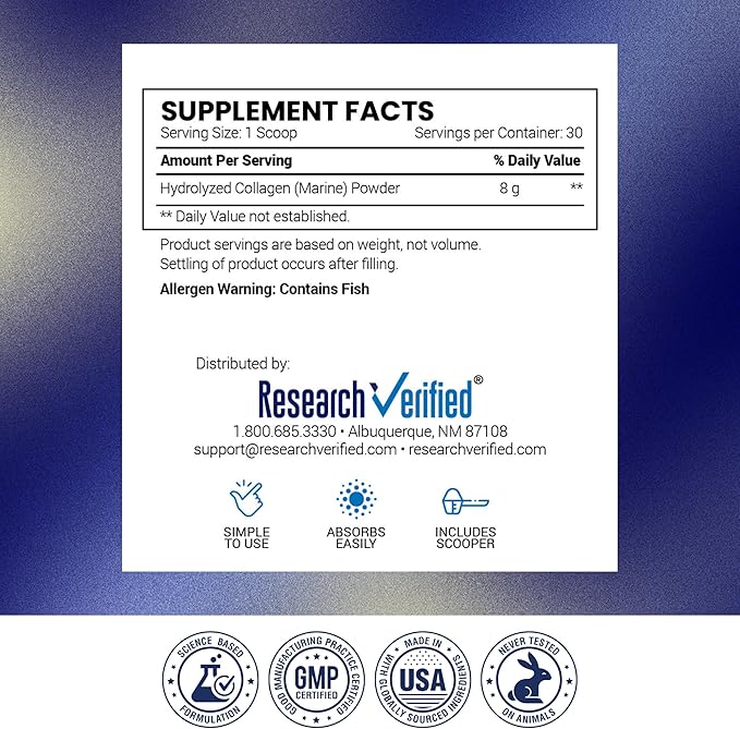 Research Verified® Collagen Powder - Hydrolyzed Marine Collagen Peptides - Unflavored - Skin Hydration and Elasticity, Muscle Recovery, Non GMO - 30 Scoops Per Container - 3 Month Supply