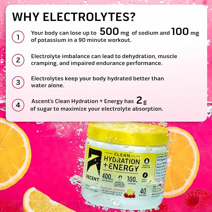 Ascent Clean Hydration + Energy Electrolytes Powder - 100mg Caffeine, 400mg Electrolytes, No Artificial Ingredients, Raspberry Lemonade 40 Servings