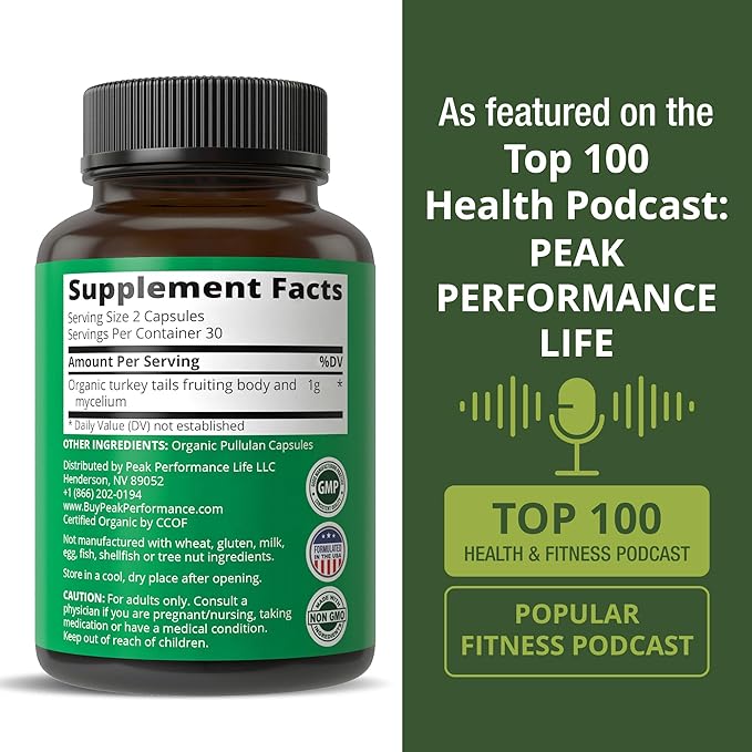 Peak Performance Organic Turkey Tail Capsules - USA Grown Made with Real Turkey Tail Mushroom. Immune System Support Naturally Harvested Mushroom Supplements for Immunity. Vegan Supplement Extract