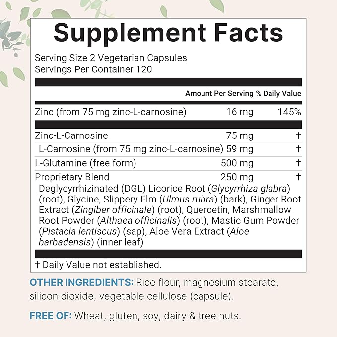 Zinc Carnosine 75mg, 240 Veggie Capsules | 10-in-1 Zinc Supplements for Men & Women with Glutamine, DGL Licorice, Quercetin, Slippery Elm Bark, & Ginger Root | Non-GMO, Gluten Free