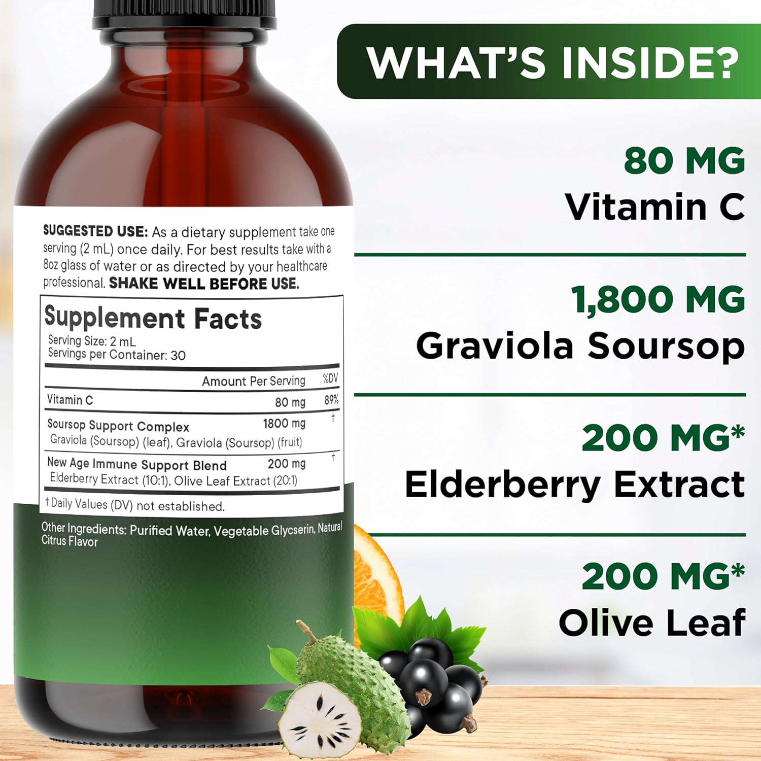 NEW AGE Soursop Drops - Soursop Bitters Liquid with Soursop Fruit and Leaves, Elderberry, Vitamin C and Olive Leaf - Multimineral & Vitamins Superfood - 4 oz