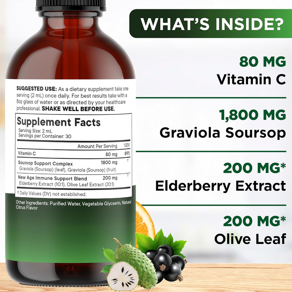 NEW AGE Soursop Drops - Soursop Bitters Liquid with Soursop Fruit and Leaves, Elderberry, Vitamin C and Olive Leaf - Multimineral & Vitamins Superfood - 2 oz