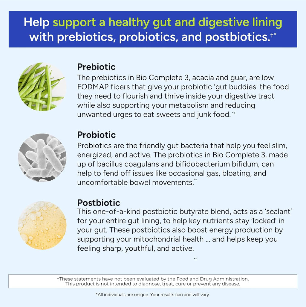 Gundry MD® Bio Complete 3, 3-in-1 Probiotics for Gut Health, Probiotic Supplements for Digestion, Supplement Supporting Bloating, Gas, Food Cravings, Energy Levels, Skin, and Focus, 30 Day Supply