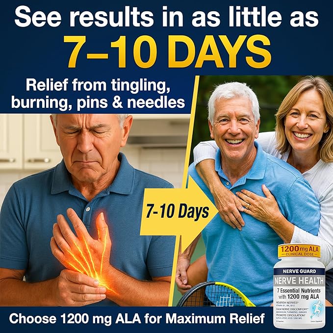 Nerve Relief Neuropathy Sciatica Support Supplement with 1200 mg Alpha Lipoic Acid to Reduce Nerve Discomfort in Feet Hands Toes – 1200mg ALA, Vitamins B12 B6 & B1, Magnesium, Turmeric – 30 Capsules