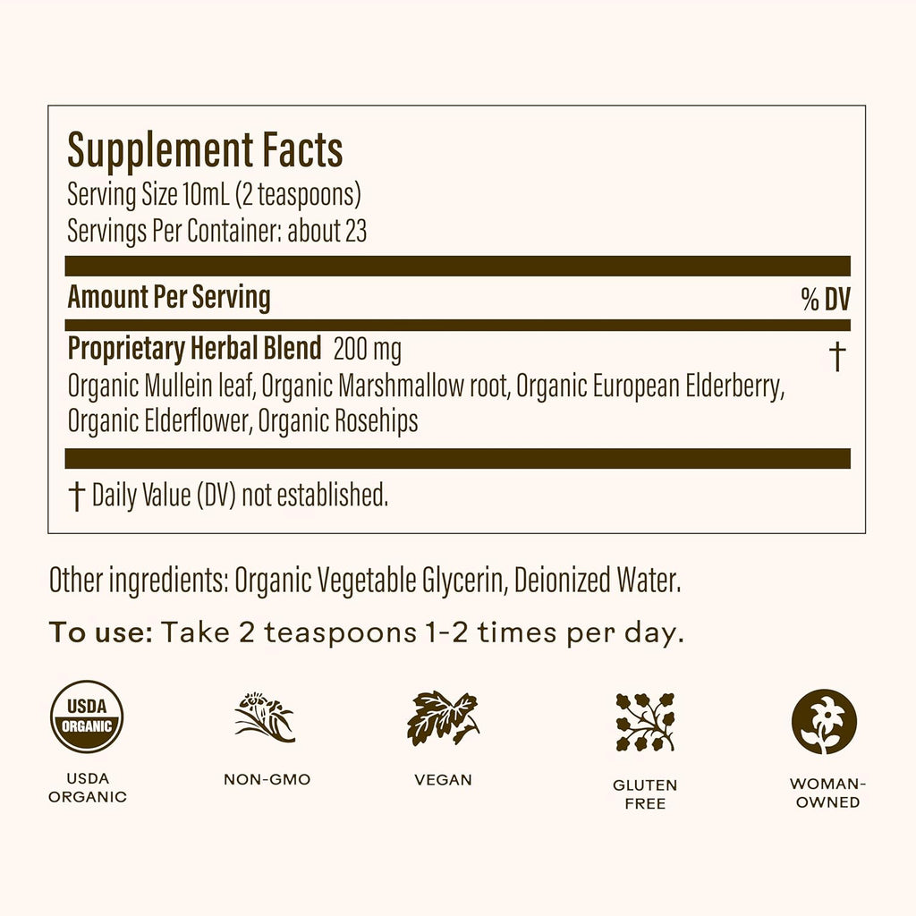 Wooden Spoon Herbs Elderberry Syrup | USDA Certified Organic Lung & Immune Support Tonic | Elderberry Syrup Blended with 6 Respiratory & Immune Support Herbs | Gluten-Free, Non-GMO, Vegan | 8 fl oz