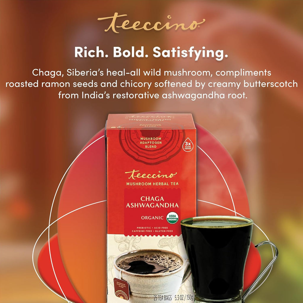 Teeccino Chaga Ashwagandha Tea - Butterscotch Cream - 25 Tea Bags - Organic Mushroom Adaptogenic Herbal Tea, 3x More Herbs than Regular Tea Bags, Prebiotic, Caffeine Free, Gluten Free
