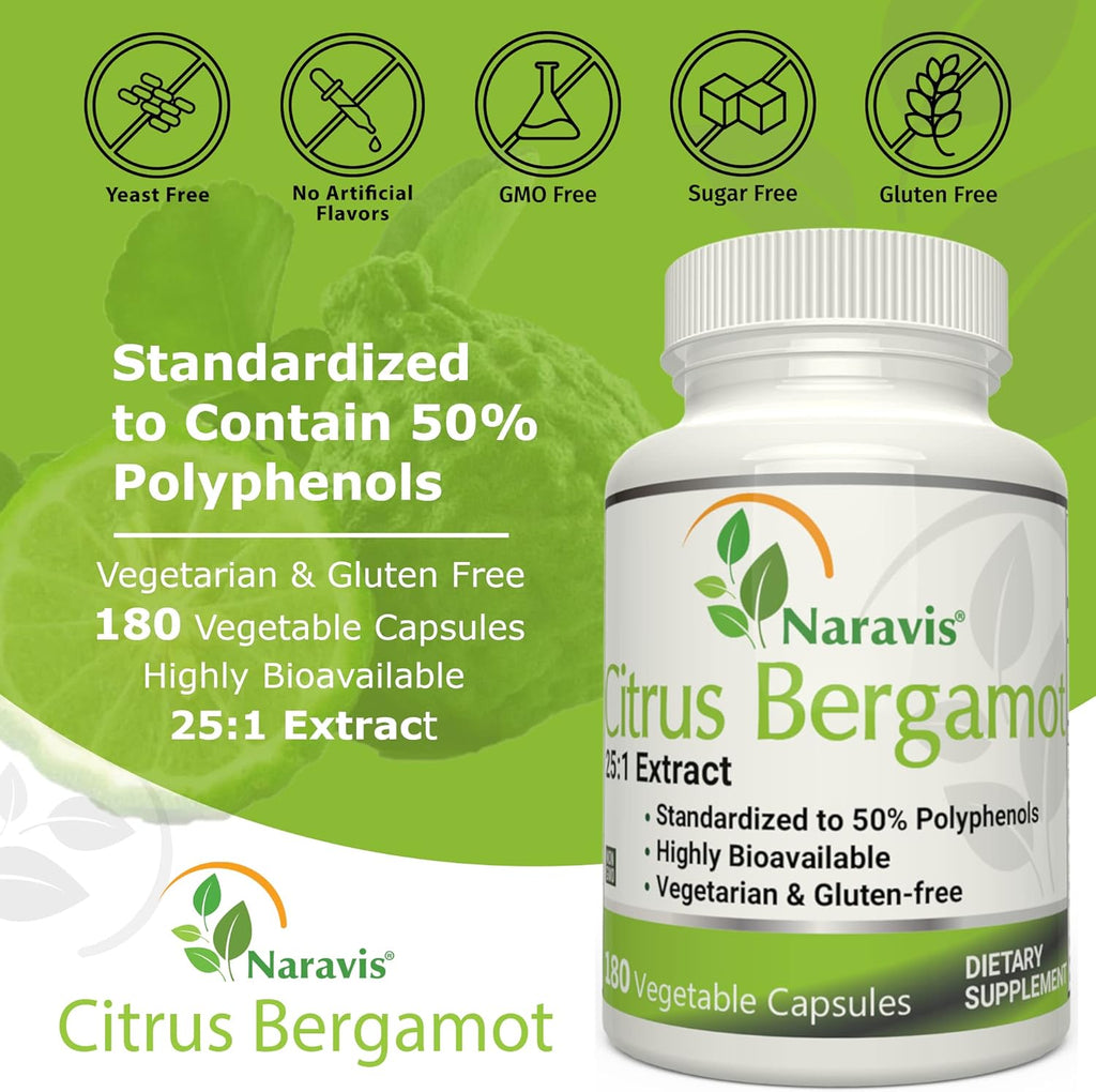 Citrus Bergamot Extract - 180 Capsules - 25:1 Extract - 50% Polyphenols - Black Pepper for Enhanced Absorption - Cholesterol lowering Supplements - Polyphenols Supplement