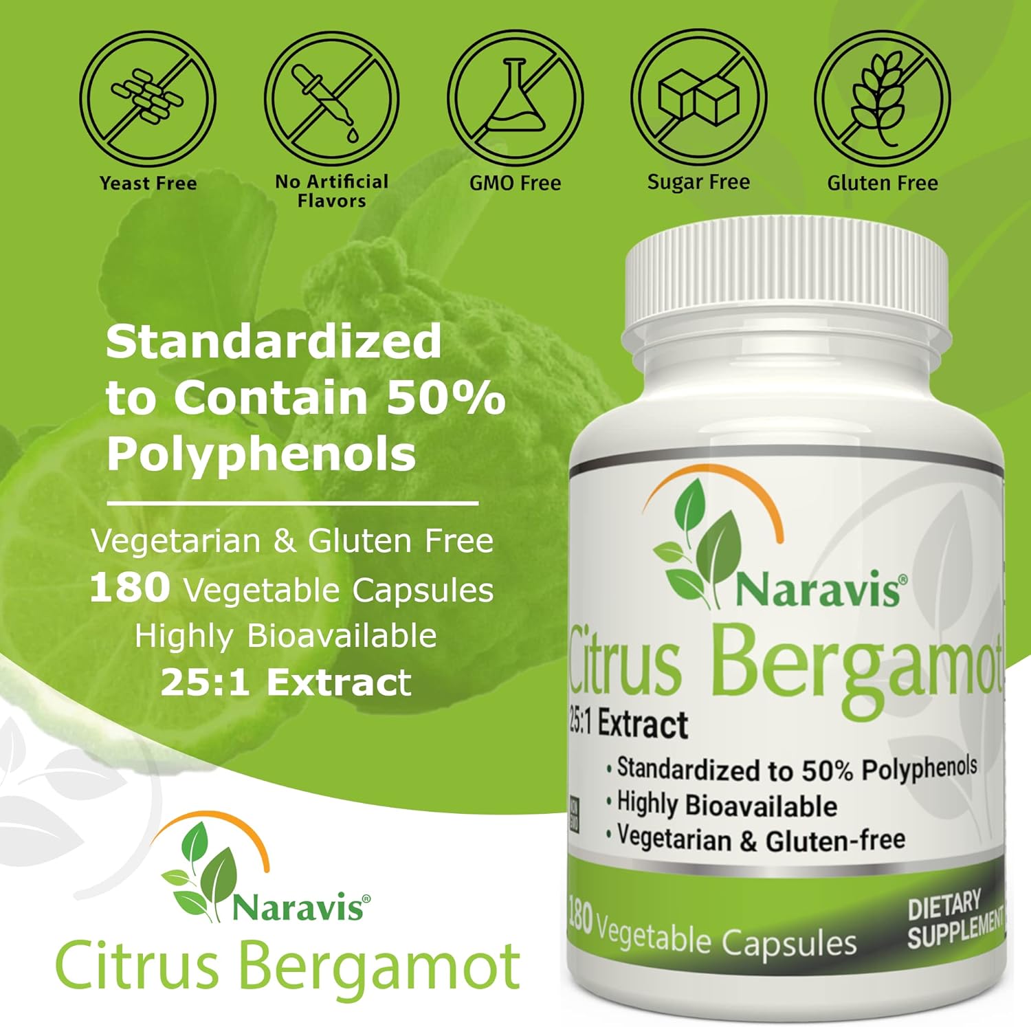 Citrus Bergamot Extract - 180 Capsules - 25:1 Extract - 50% Polyphenols - Black Pepper for Enhanced Absorption - Cholesterol lowering Supplements - Polyphenols Supplement