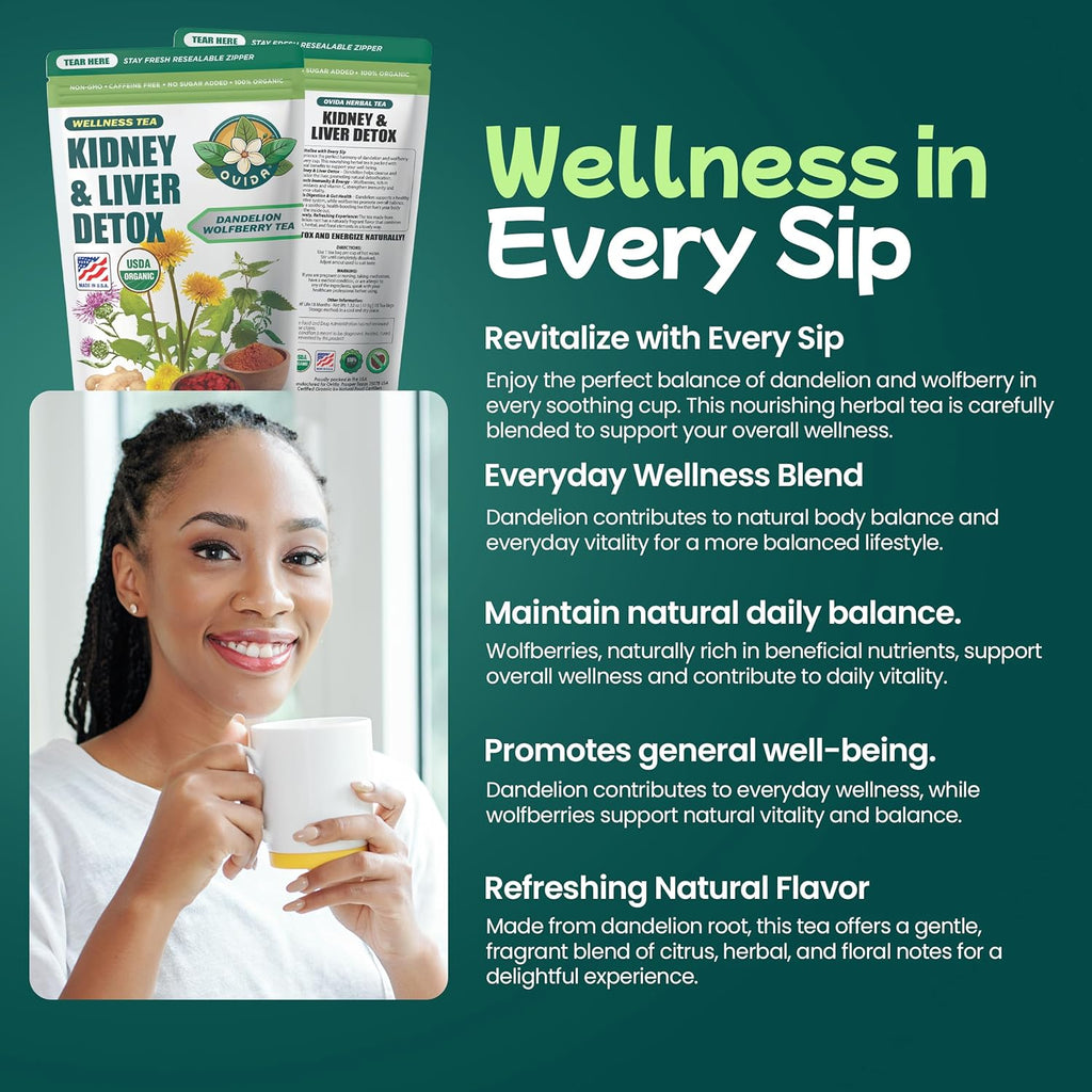 Ovida Dandelion Wolfberry Tea – Natural Kidneys & Liver Health Tea, Organic Herbal Tea with Milk Thistle, Turmeric & Goji Berry, Seven Herbal Ingredients Natural Blend for Daily Wellness, 15 Tea Bags