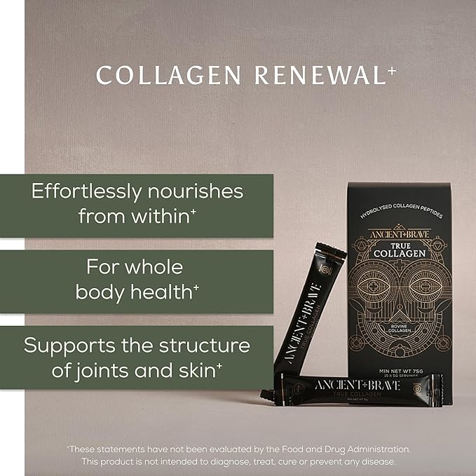 Ancient + Brave True Collagen Powder Packets 15 x 5g, EU Grass Fed Collagen Peptides, Highly Absorbable Protein Powder, Supplements for Women, Keto Friendly, for Hair, Skin and Nails, Travel Ready
