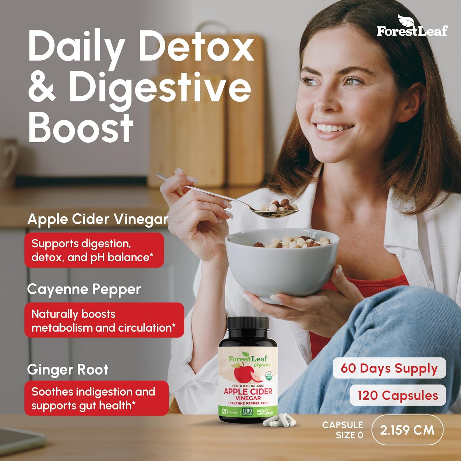 Organic Apple Cider Vinegar Capsules 1200mg – Supports Metabolism, Detox, Digestion, Gut Health – USDA Organic Apple Cider Vinegar Pills with Cayenne Pepper & Ginger Root – 120 Caps – by Forest Leaf