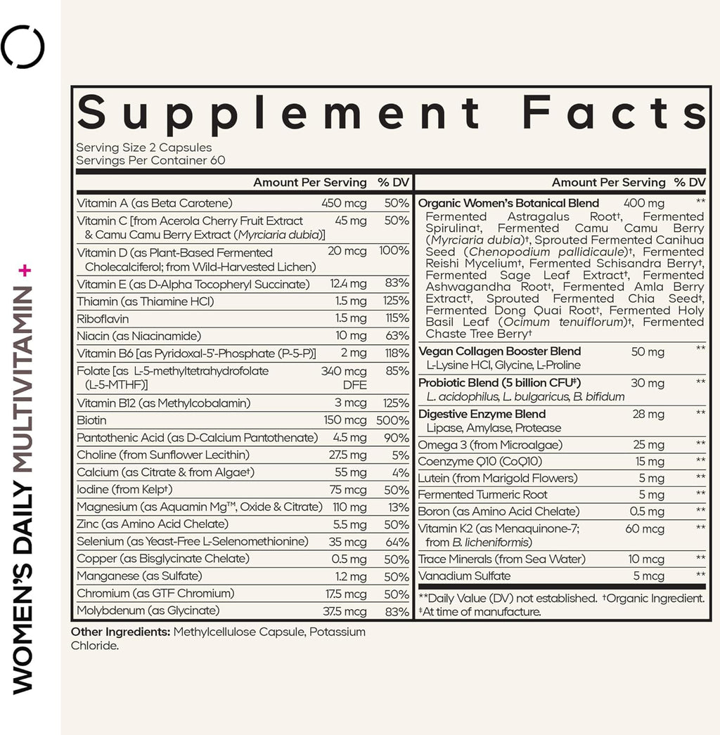 Codeage Women’s Daily Multivitamin, 25+ Vitamins & Minerals, Fermented, Organic Whole Foods, Probiotics Supplement - Vitamin A, B, C, D, E & K, Omega 3, Zinc – Vegan - 2 Pack