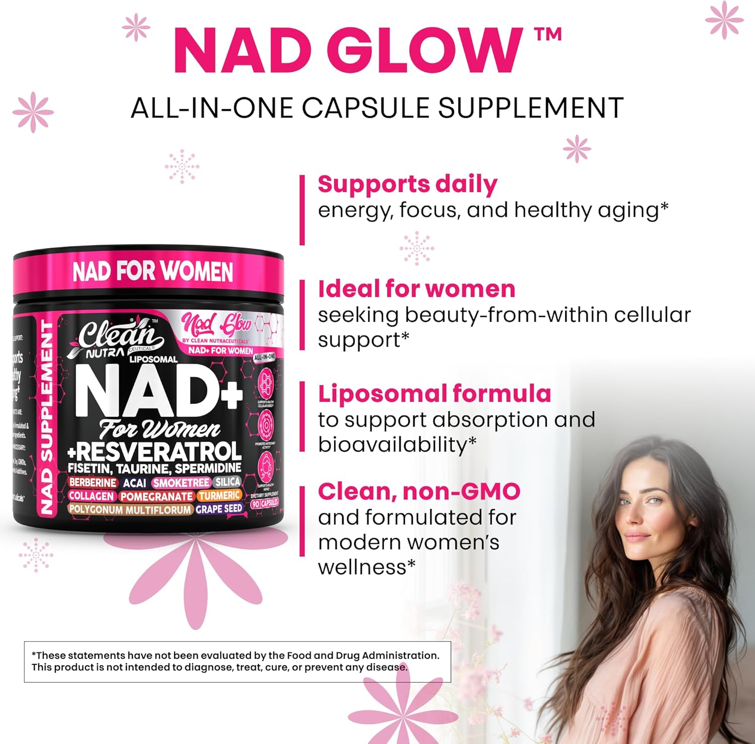 Clean Nutra NAD Supplement for Women Liposomal NAD+ Capsules with Resveratrol | Nicotinamide Riboside Fisetin Taurine & Spermidine | Premium All-in-One Formula | 90 Vegan Capsules