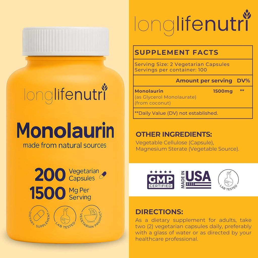 Monolaurin 1500mg - Potent Glycerol from Coconut, 200 Vegetarian Capsules, Organic Supplement for Gut Balance & Natural Defense, 100-Day Supply, GMP Certified, Made in USA