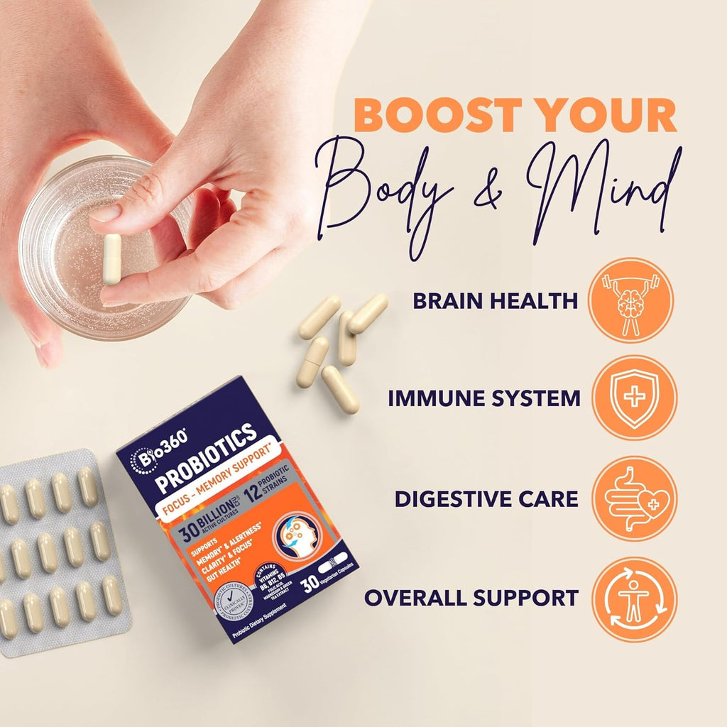 Cognitive Support Probiotic for Brain Health, Digestive, Immune Health & Mental Energy, 30 Billion, 10 Probiotics, 25X Green Tea Extract, Magnesium & Vitamin B5, B6 & B12, 30CT