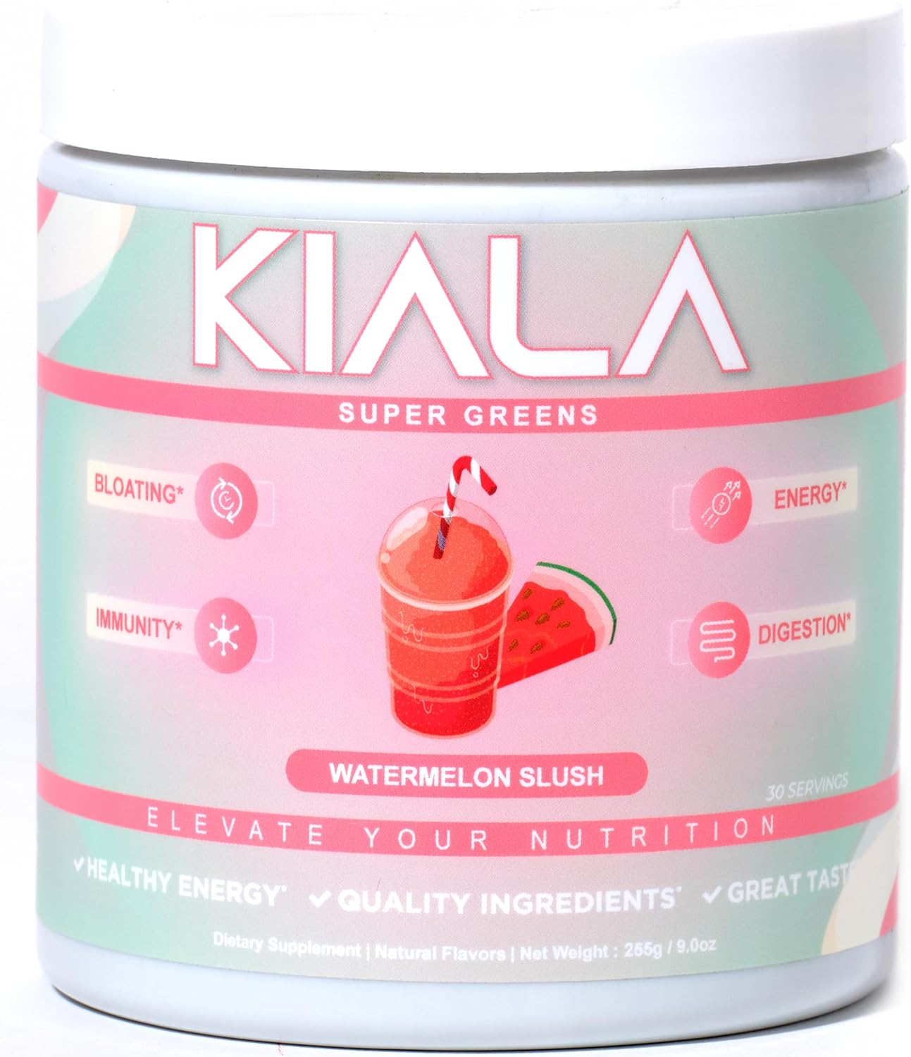 Kiala Nutrition Super Greens, Organic Greens Powder with Spirulina & Chlorella for Digestion, Gut Health, Immunity, Energy, Gluten Free, Vegan, Sugar Free, Spectra Blend, Watermelon Slush, 30 Servings