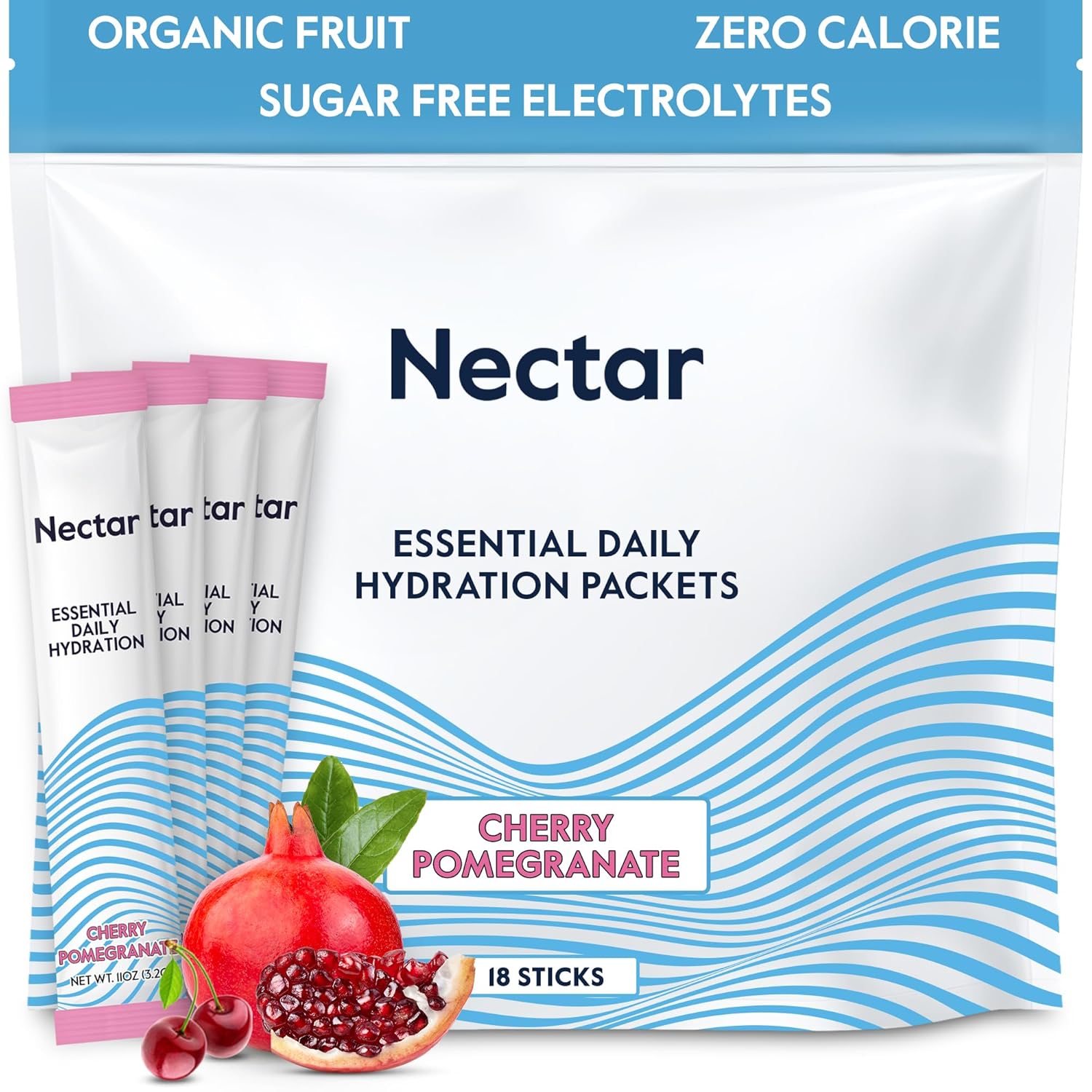 Nectar Hydration Packets - Electrolytes Powder Packets - No Sugar or Calories - Organic Fruit Liquid Daily IV Electrolytes Powder for Dehydration Relief and Rehydration (Cherry Pom 18 Pack)