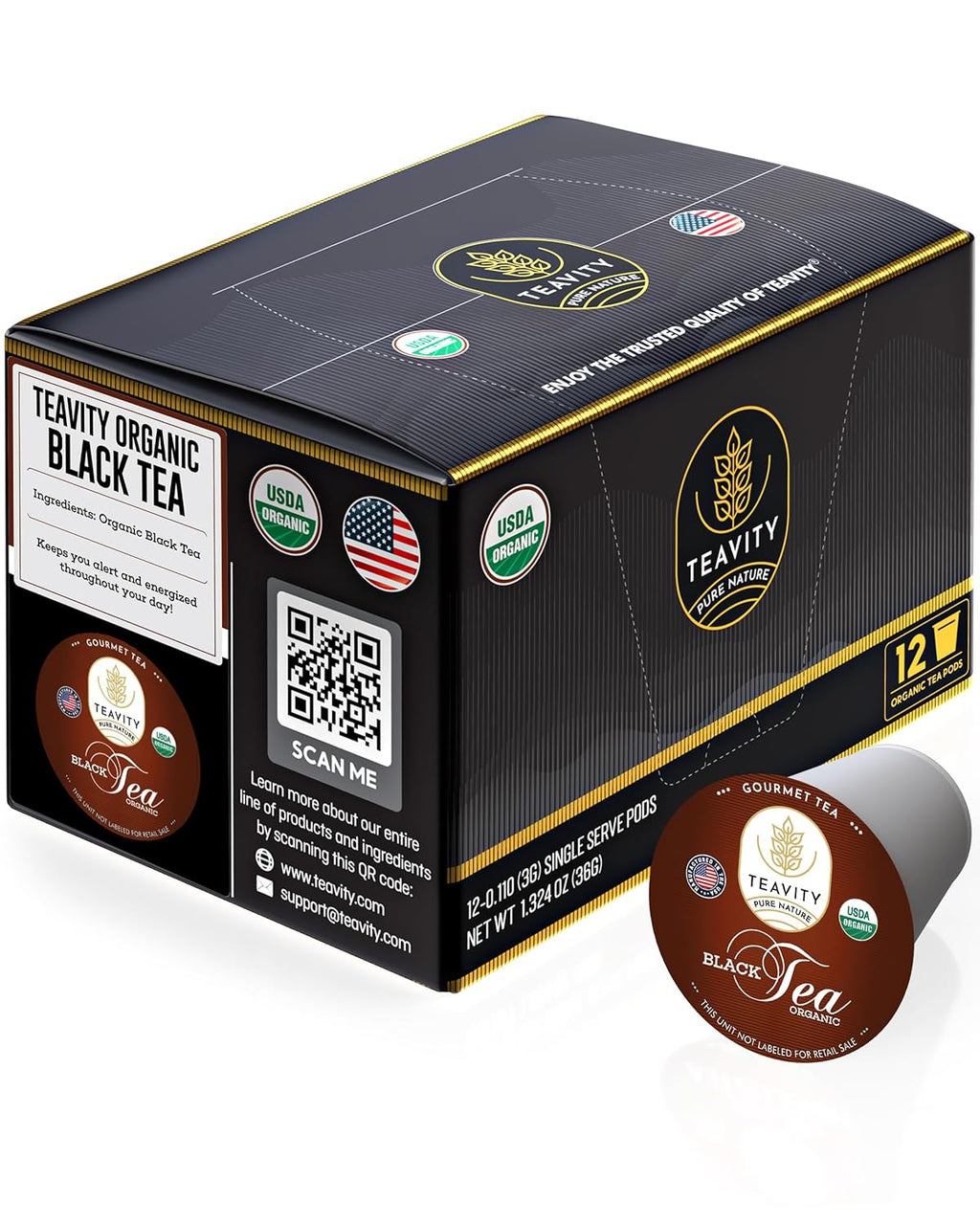 Teavity Organic Black Tea Pods - 12 Unsweetened Tea Pods for Keurig Kcup Brewers - Naturally Caffeinated, Hand-Picked from Sri Lanka, Sturdy Packaging, American Owned