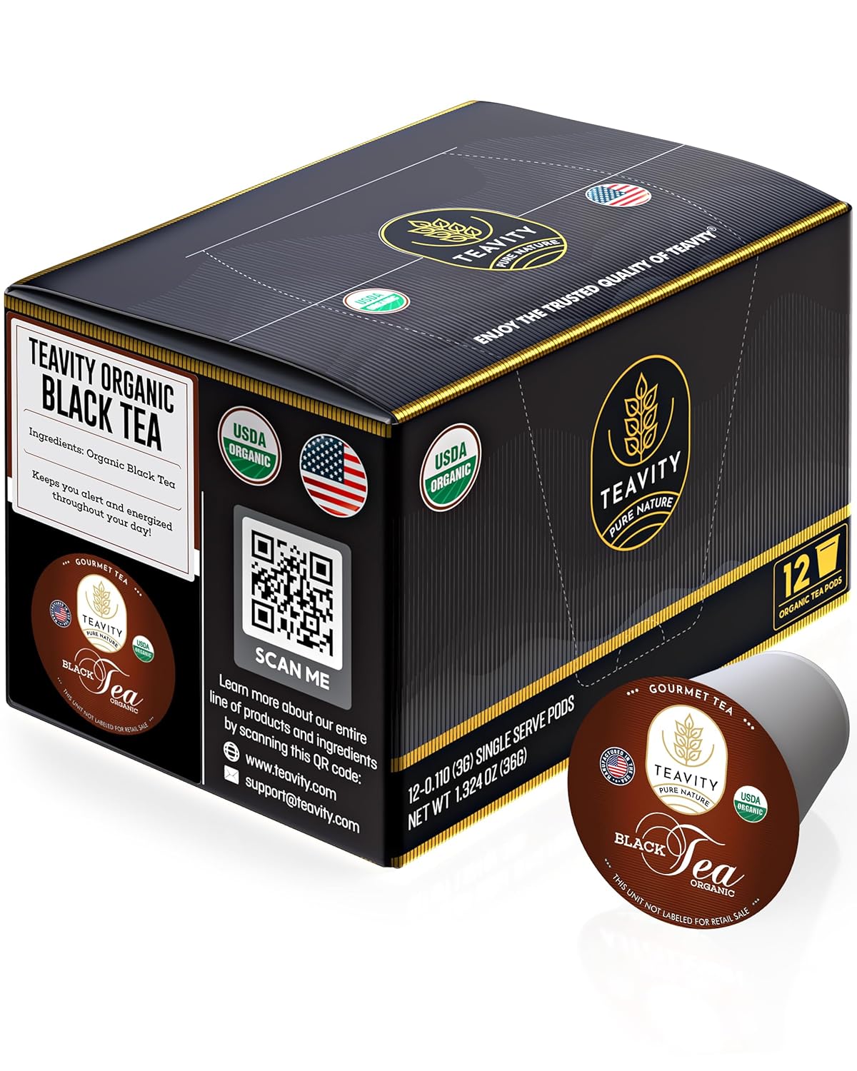Teavity Organic Black Tea Pods - 12 Unsweetened Tea Pods for Keurig Kcup Brewers - Naturally Caffeinated, Hand-Picked from Sri Lanka, Sturdy Packaging, American Owned