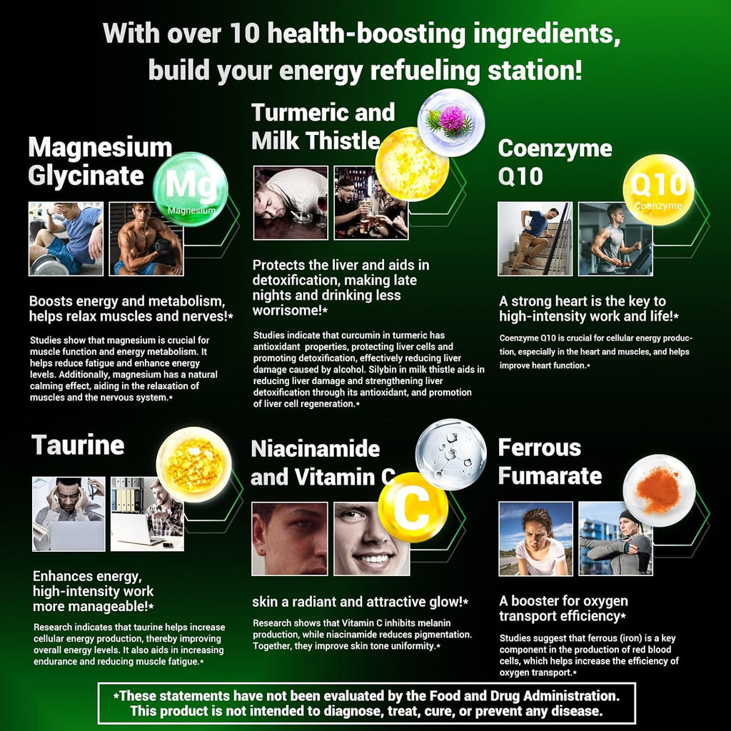 Energy Boost & Magnesium Glycinate, Contains Vitamin D3, Vitamin C, Turmeric, Ashwagandha, Milk Thistle, Calcium & Magnesium Supplement 120 Tablets