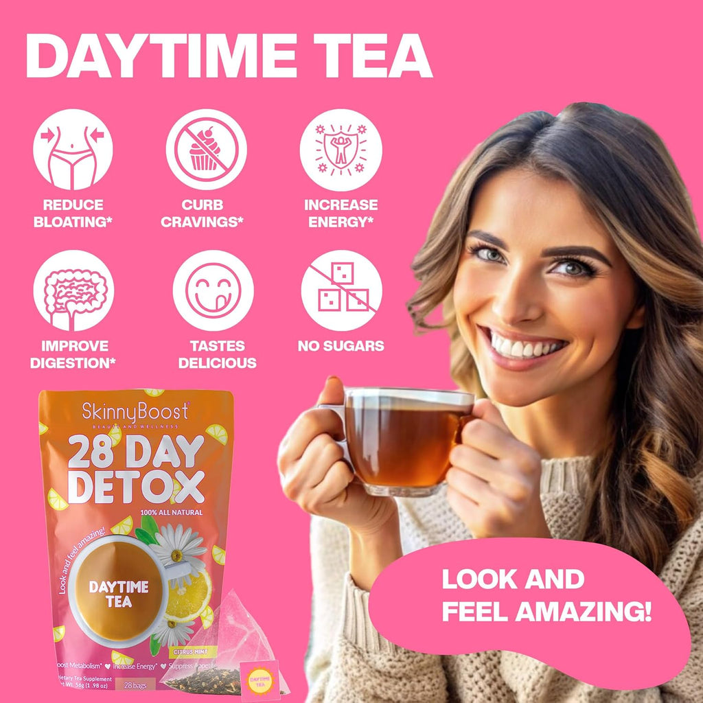 SkinnyBoost 28 Day Detox Daytime Tea - CITRUS MINT (28 Tea Bags) Supports Metabolism Boost, Detox, All Natural, Non GMO, Vegan, Keto Friendly