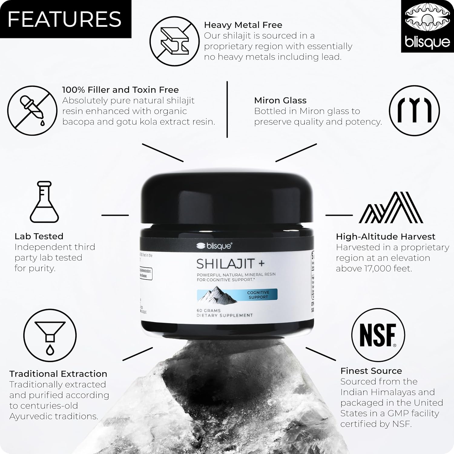 Blisque - Pure Himalayan Organic Shilajit Resin Supplement | for Cognitive Support | with Organic Bacopa and Gotu Kola | Authentic and Natural | 60 Grams