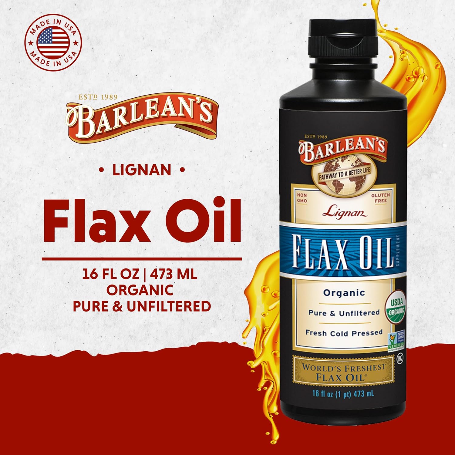 Barlean's Organic Lignan Omega 3 Flaxseed Oil Liquid Supplement for Men and Women, Cold Press Flax Seeds, 7230mg ALA Fatty Acid, Vegan and Gluten Free, 16 oz
