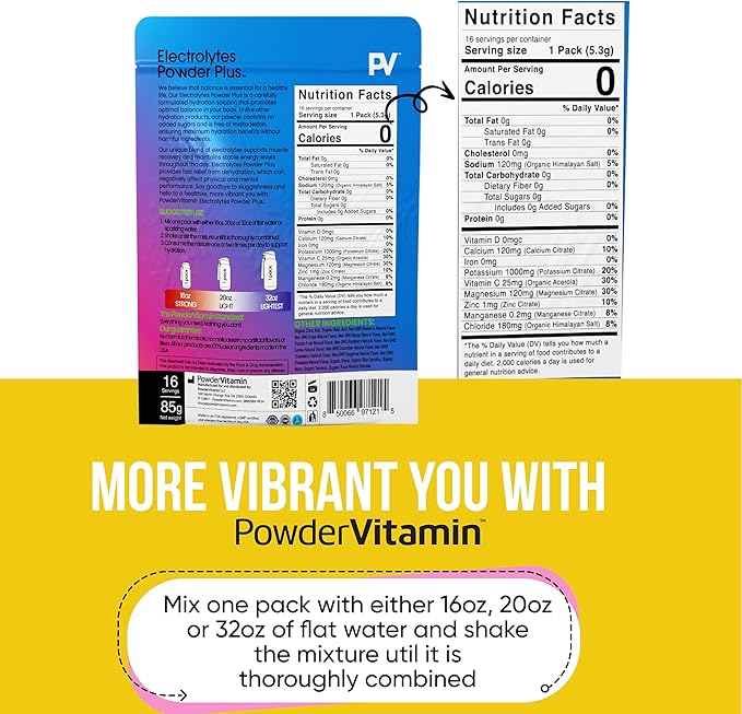 PowderVitamin Electrolytes Powder Plus, Keto, Variety Pack B, Sugar Free, Pink Himalayan Salt, 1000mg Potassium, 120mg Calcium, 120mg Magnesium, Non-GMO, Zero Calories, (16 Hydration Packets)