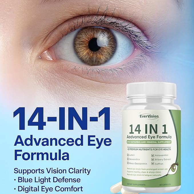 Evervision 14 in 1 Advanced Eye Formula, Eye Vitamin and Mineral Supplement with Zinc, Lutein, Zeaxanthin & Bilberry Extract, 60 Capsules (1)