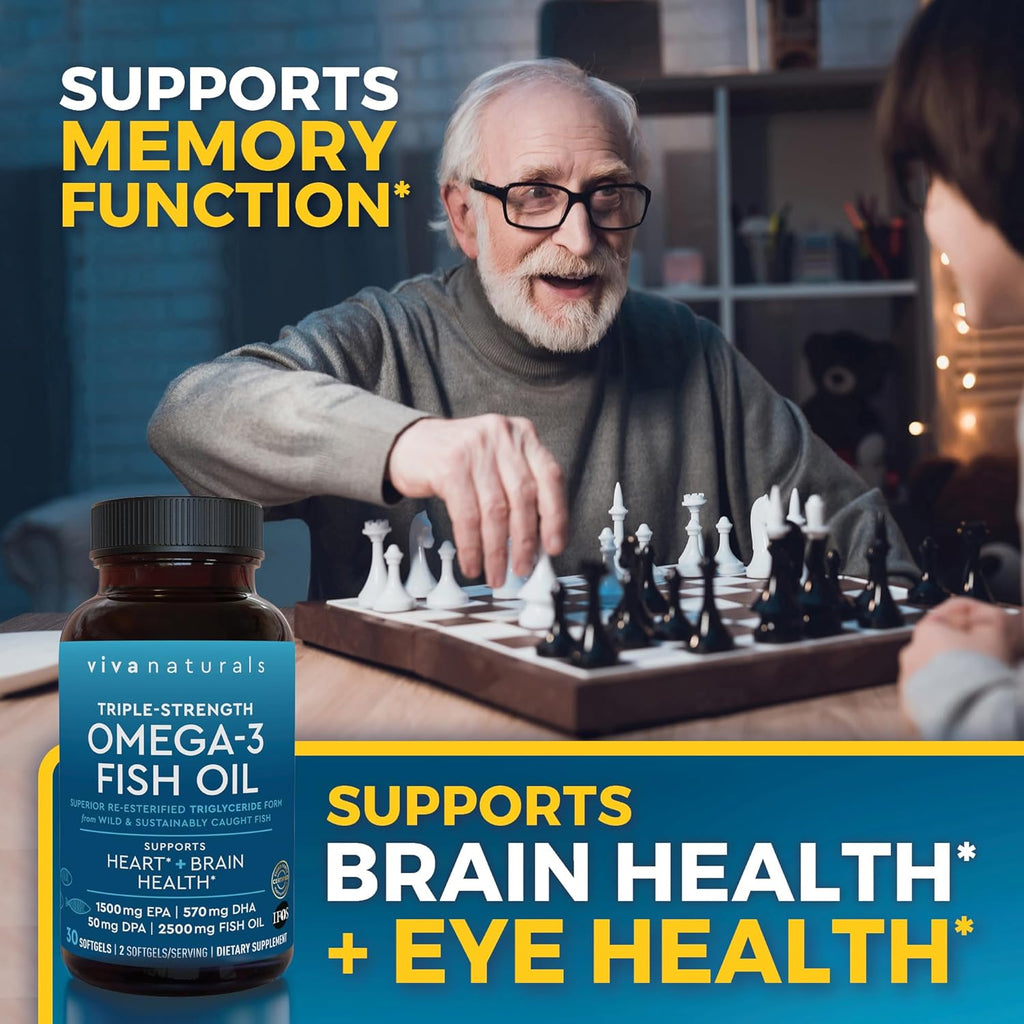 Viva Naturals Omega 3 Fish Oil Supplement for Women and Men - 2500 mg Triple Strength Fish Oil Pills with Re-Esterified Omega 3 Fatty Acids Including EPA, DHA DPA - 30 Pescatarian-Friendly Softgels