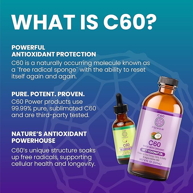 C60 Power C60 in Organic MCT Coconut Oil - Natural Wellness & Antioxidant Support for Men & Women, 99.99% Pure Carbon Fullerenes, Promotes Energy, Mental Clarity, & Stamina - 16 fl oz Bottle