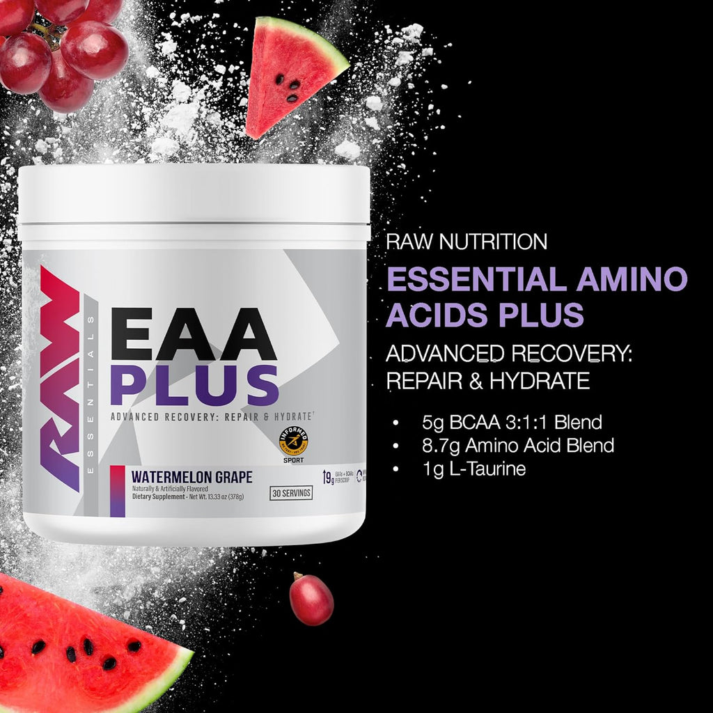 RAW EAA Plus, Amino Acids Powder, Watermelon Grape (30 Servings) - Pre Workout Amino Energy Powder for Advanced Endurance, Recovery & Lean Muscle Growth - BCAA Amino Acids Supplement for Men & Women