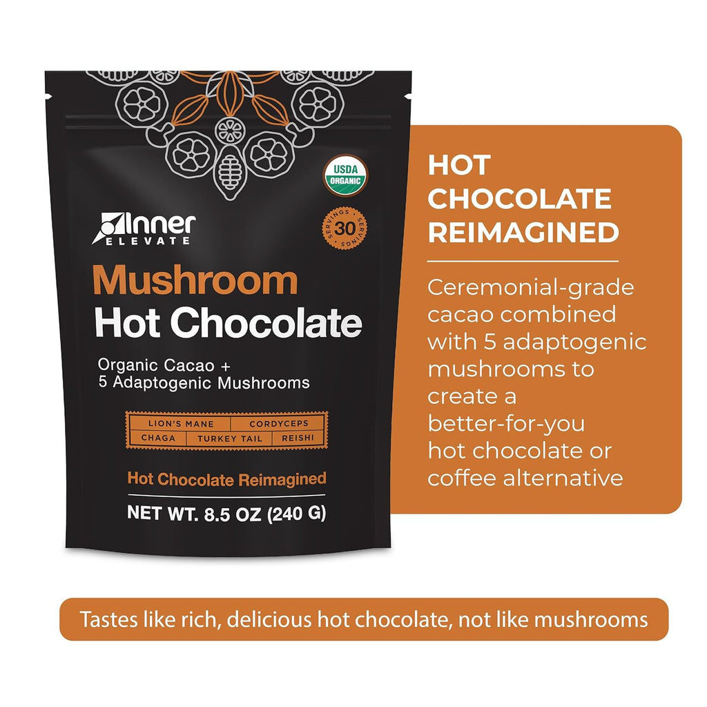 Inner Elevate Mushroom Hot Chocolate Superfood - Ceremonial Cacao with 5 Mushrooms (Lion's Mane, Cordyceps, Chaga, Reishi, Turkey Tail) - Great as a Coffee Alternative, Hot Chocolate, or Smoothie (30 Servings)