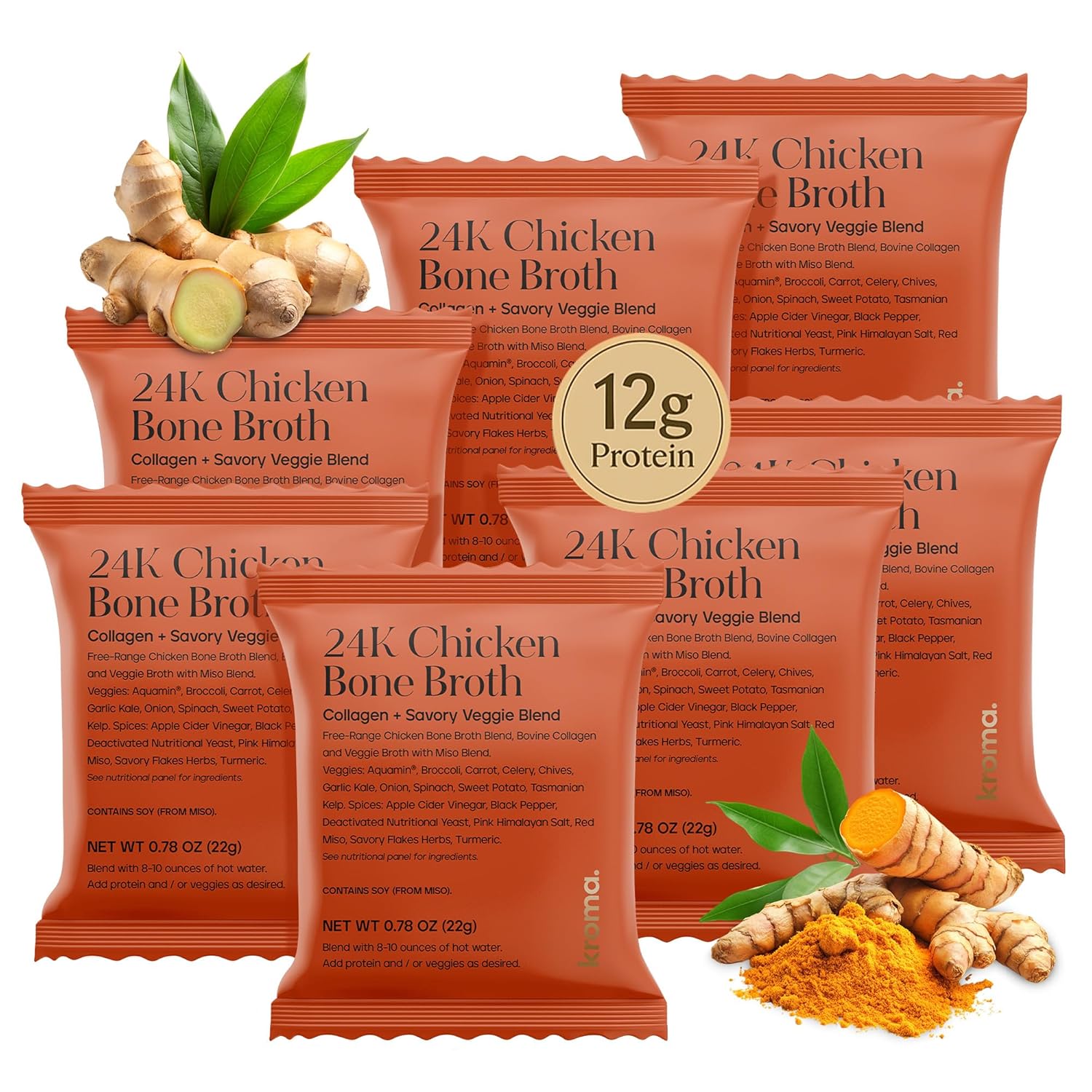 Kroma’s 24K Chicken Bone Broth Powder - 7 Pack, 7 Servings – Organic Protein-Rich Bone Stock – Instant Packaged Broths for Joint Health — 24K Chicken Protein Powder for Gut Health & Daily Wellness