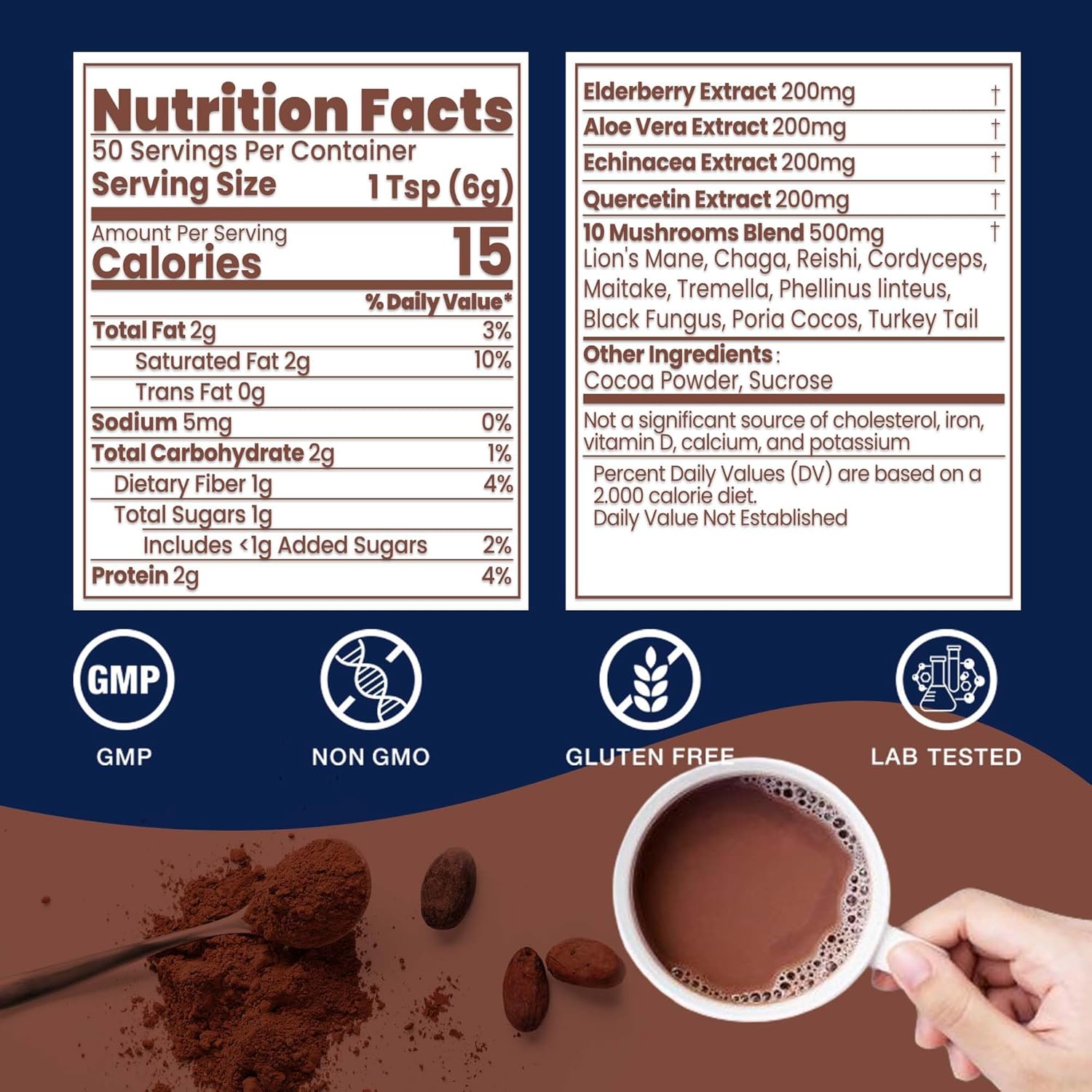 Mushroom Hot Chocolate, 50 Servings Cocoa Powder | 10 Mushrooms Supplements with Elderberry, Aloe Vera, Echinacea & Quercetin | Support Immunity, Gut & Stress Health | Vegan & Keto, Gluten-Free