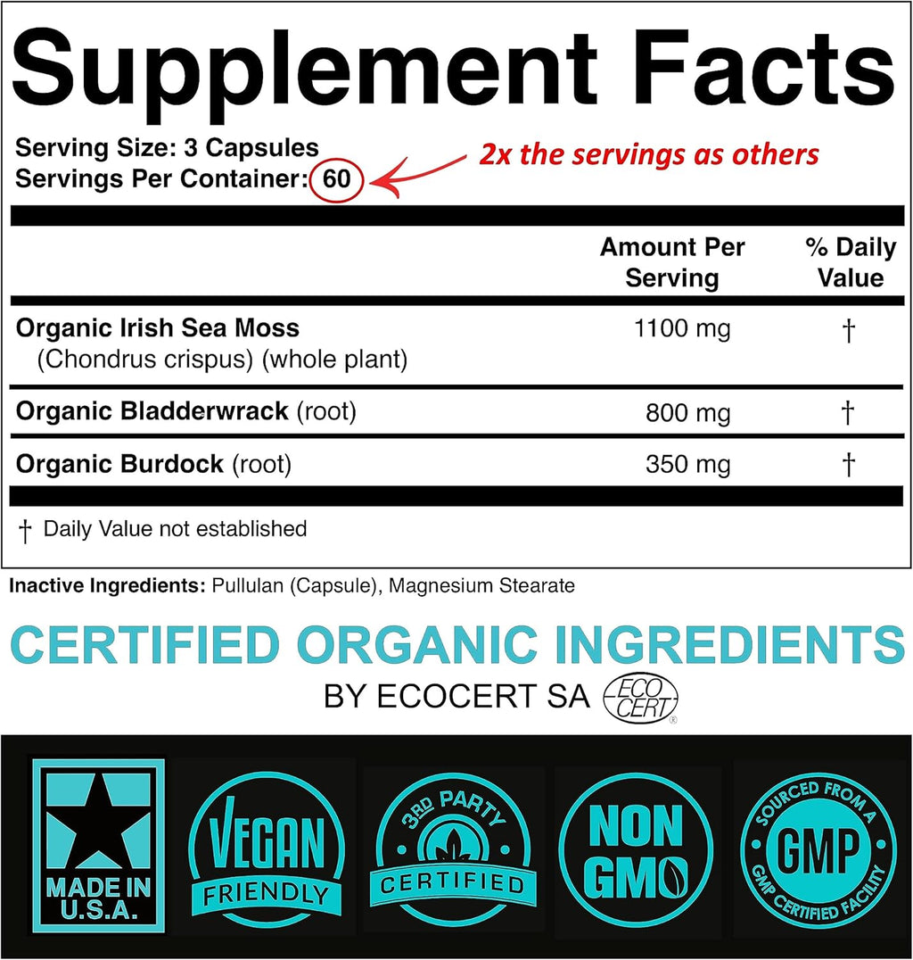 Certified Organic Sea Moss Capsules 2250mg Wildcrafted Irish Sea Moss Burdock Root Bladderwrack Supplement Raw Seamoss Pills & Powder (Pack of 1 at 180-Caps)